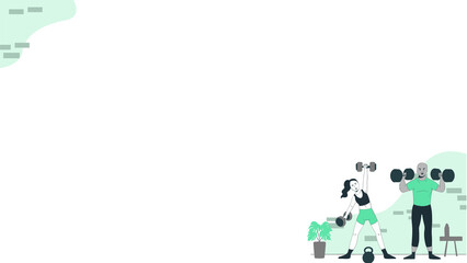 Two adults are lifting dumbbells in flat design gym: kettlebell, transparent background, copy space