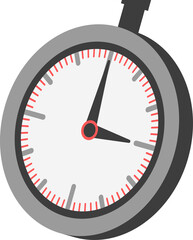 Flat stopwatch design is floating on transparent background with grey case, black hands, copy space