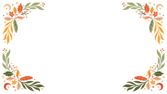 Fototapeta Flat autumn corner frame is showing stylized leaves berries vines stars on transparent backdrop