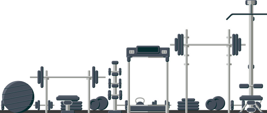 Fototapeta Flat design showing free weights and cardio machines lineup on transparent background, copy space