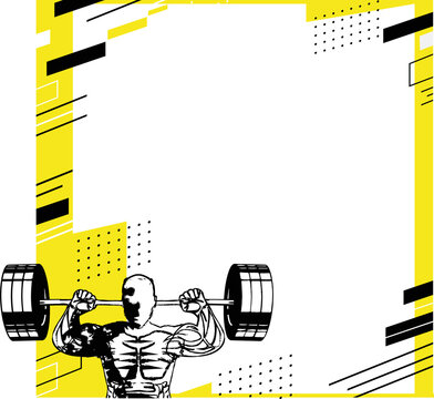 Fototapeta Flat design weightlifter is lifting barbell inside yellow border on transparent canvas, copy space
