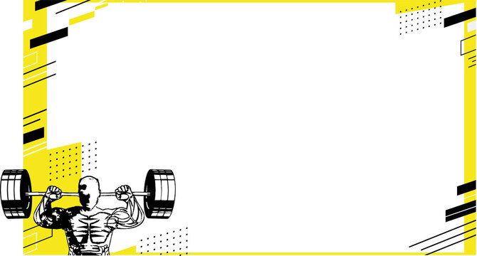 Fototapeta Man is lifting barbell in line art on transparent background with yellow-black border, copy space