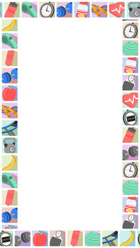 Fototapeta Flat fitness border is framing panel on transparent background, featuring dumbbell icon, copy space