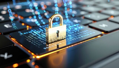 Secure Digital Access: Golden Padlock Icon on Keyboard