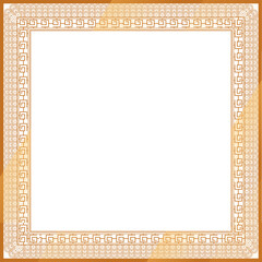 Flat frame is showing gold gradient Greek key, scallops and dots on clear background, copy space