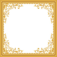 Baroque gold frame is showing floral leaf scrollwork with zigzag inner edge, transparent background