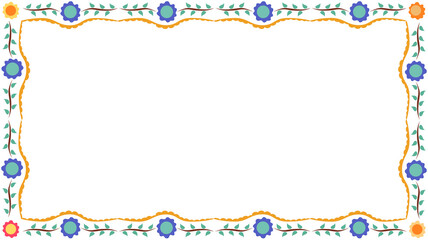 Flat frame is showing on transparent background with blue-orange flowers and scalloped yellow edge