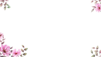 Watercolor floral frame is framing pink blossoms at corners transparent background, copy space