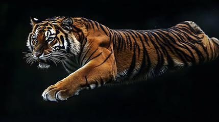 Obraz premium A tiger in mid-leap against a dark background.