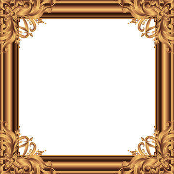 Fototapeta Flat golden ornate frame is floating on transparent backdrop with ribbed edges and floral scrolls