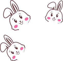 Three cute rabbit heads are floating on transparent backdrop in vector with pink cheeks, copy space
