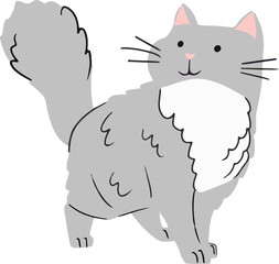 Obraz premium Grey cat is standing angled with fluffy tail in cartoon style on transparent background, copy space