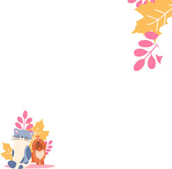 Fototapeta premium Stylized cartoon cat and dog are sitting among autumn leaves in flat artwork on transparent canvas
