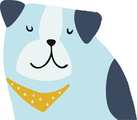 Cartoon puppy is facing front in flat design wearing yellow bandana with transparent background