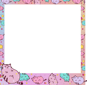 Fototapeta Cat border is showing flat design pastel cats, hearts, stars and planets on transparent canvas