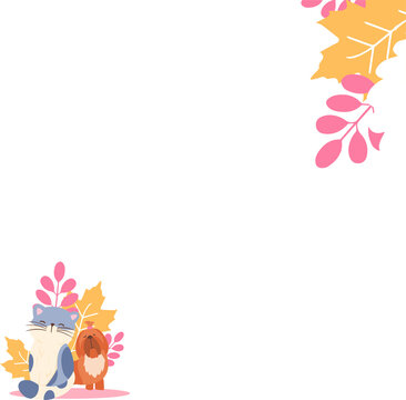 Fototapeta Stylized cartoon cat and dog are sitting among autumn leaves in flat artwork on transparent canvas