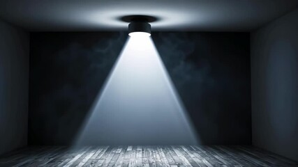 Dramatic spotlight illuminates empty room with wood floor and dark walls, casting light on a stage concept.