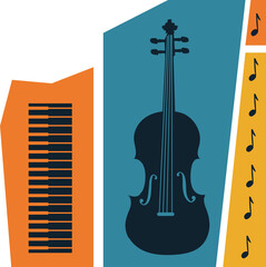 Displaying flat orange trapezoid piano keys blue violin silhouette gold music notes on clear bg