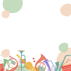 Stylized orchestral instruments are aligning at bottom on transparent background with soft circles