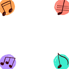 Four pastel brush stroke circles are floating on transparent canvas holding dark brown music notes