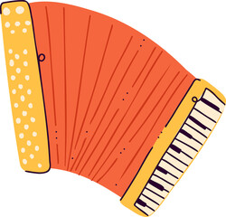 Cartoon-style accordion featuring red bellows, yellow keyboard and button ends, clear background