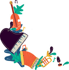 Showing flat-color collage of cello or piano or accordion or trumpet with leaves notes mic on transp