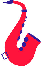 Flat minimalist saxophone is floating on transparent background with red body and purple details