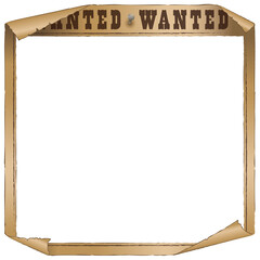 Bold WANTED poster frame is showing parchment border floating on transparent background, copy space