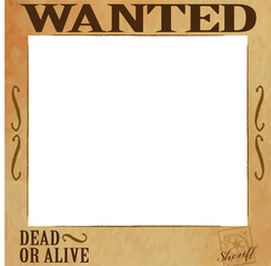 Wanted poster is featuring flat design with blank portrait, sheriff badge on transparent background