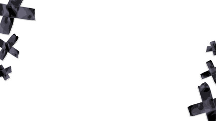 Dark tape strips are overlapping as X shapes on transparent background in flat design, copy space