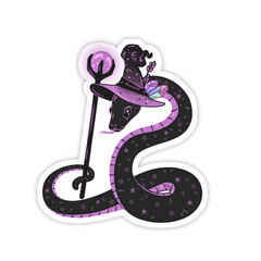 Wearing crystal-foliage hat, holding glowing orb staff, snake is coiling on clear flat background