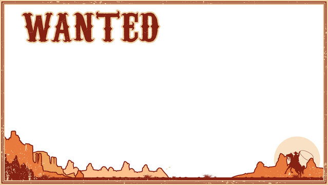 Fototapeta Showing stylized wanted poster with transparent fill cowboy swinging lasso over mesas, copy space