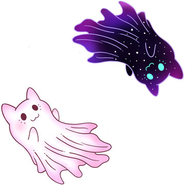 Fototapeta Vector ghost-cats floating on transparent PNG with pink tentacles, starry purple form, copy space
