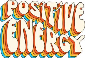 Cartoon-style lettering showing POSITIVE ENERGY with wavy retro 3D layers on transparent background