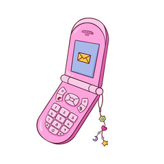Showing pastel pink flip phone displaying message icon and dangling charm, transparent background