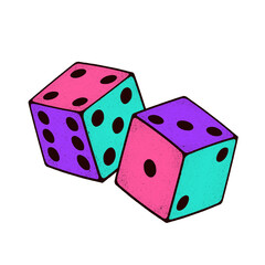 Flat illustration showing dice floating on transparent backdrop with multicolored faces and pips