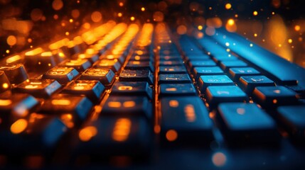 Obraz premium Close-up of a keyboard with vibrant orange and blue lights, bokeh effect