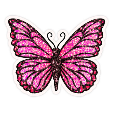 Flat glitter butterfly is floating on clear background with white border, dark veins, sparkle dots