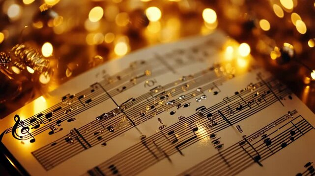 Festive music sheet with musical notes and golden bokeh lights background.