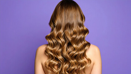 Closeup shot reveals back of young woman with long, wavy brown hair against vibrant purple background, showcasing natural and stylish look