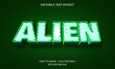 Alien text, editable text effect template, 3d bold futuristic green shiny neon light typeface
