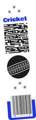 Fototapeta premium Displaying flat cricket-themed label on transparent canvas with stars, bars, barcode, cricket ball