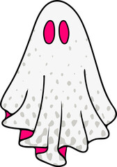 Cartoon ghost floating on transparent background, wearing spotted white sheet revealing bright pink
