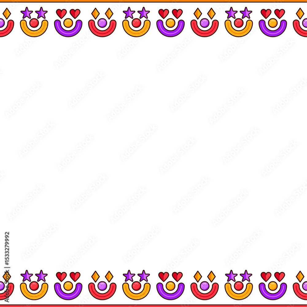 Poster flat abstract border pattern is running on transparent background, with repeating colorful shapes