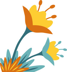 Displaying flat design of stylized flowers on curved teal stems with leaves, transparent background