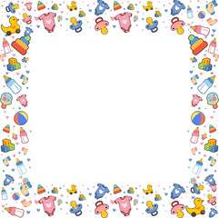 Flat design baby border is showing pacifier, bottle, duck on transparent background, copy space