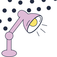 Vector showing lavender lamp casting yellow rays with navy dots on transparent canvas, copy space