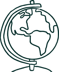 Globe with continents is being shown in line art with support arm, base on transparent background