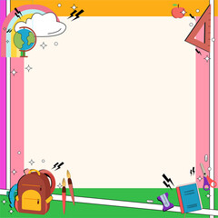 Fototapeta premium School-themed frame is framing canvas on transparent background with globe book icons, copy space