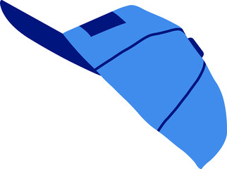Flat design blue baseball cap is resting on transparent backdrop showing dark blue brim, seam lines